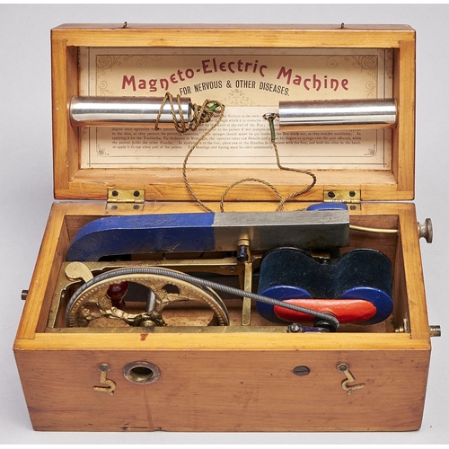 459 - Medical. A late Victorian brass and ferrous metal therapeutic electro-machine, with blue velvet cove... 