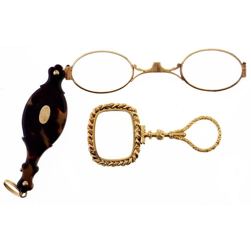 47 - A giltmetal lorgnette, c1900,   with gold inset tortoiseshell scales, 79mm and 19th c... 
