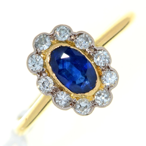 5 - A sapphire and diamond cluster ring, early 20th c, in gold, marked 18ct, 3g, size Q