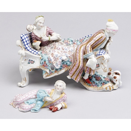 505 - A Meissen group of a family on a couch, early 19th c, 17cm h, crossed swords and a Meissen figure of... 