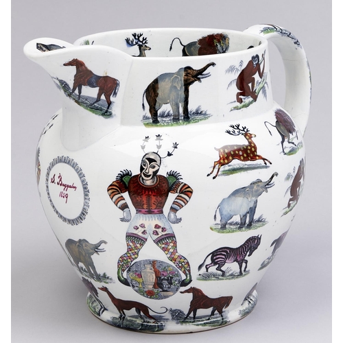 506 - An Elsmore & Forster earthenware jug, dated 1859, with coloured transfers of clowns and animals,... 