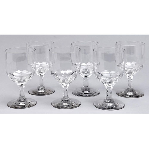 520 - A set of six glass goblets, early 20th c, on waisted stem and spreading foot, 16cm h... 