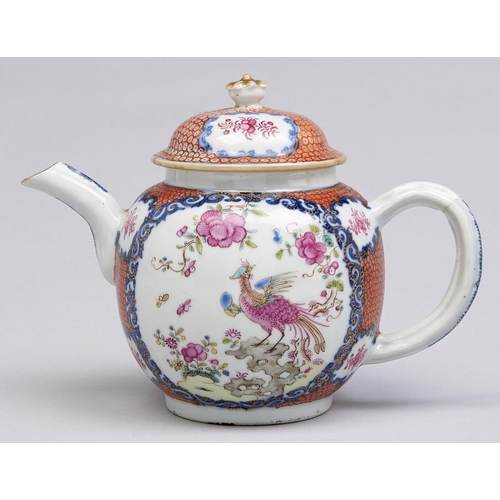 521 - A Chinese export porcelain famille rose teapot and cover, c1770, enamelled to either side with phoen... 