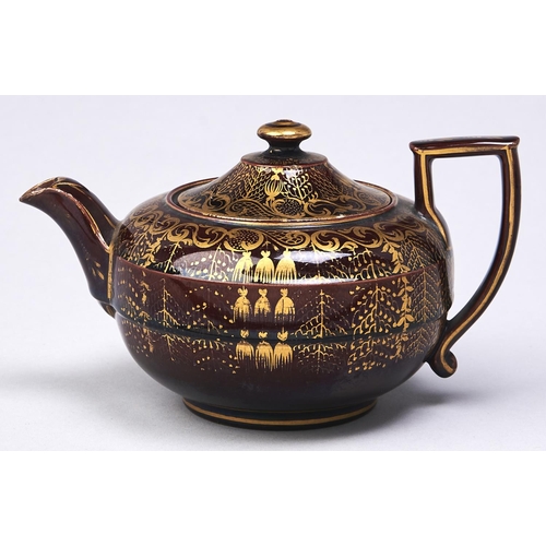 522 - A Wedgwood Rockingham brown glazed and gilt earthenware teapot and cover, early c1840-50, 10cm h,  a... 