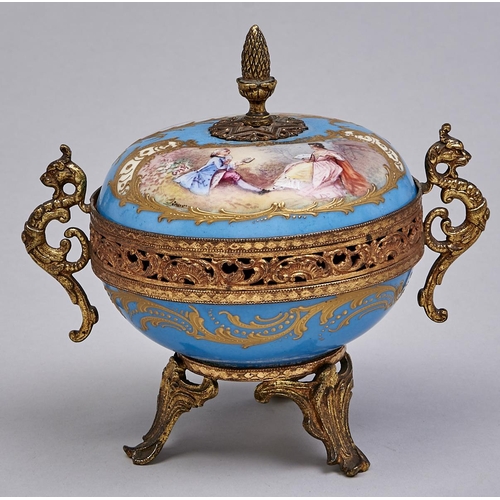 523 - A French giltmetal mounted Sevres style porcelain pot pourri vase and domed cover, late 19th c, the ... 