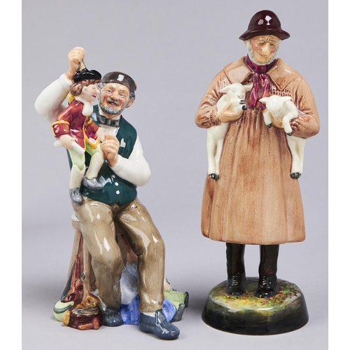 528 - Two Royal Doulton earthenware figures of The Puppetmaker and Lambing Time, 20 and 23cm h, printed ma... 