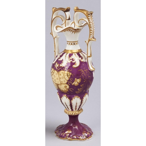 529 - A Staffordshire claret ground bone china ogee vase, c1835, with double lipped neck, painted with flo... 