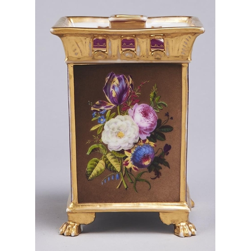 530 - A French claret ground square pot pourri vase and cover, c1820, one side painted with flowers on a s... 