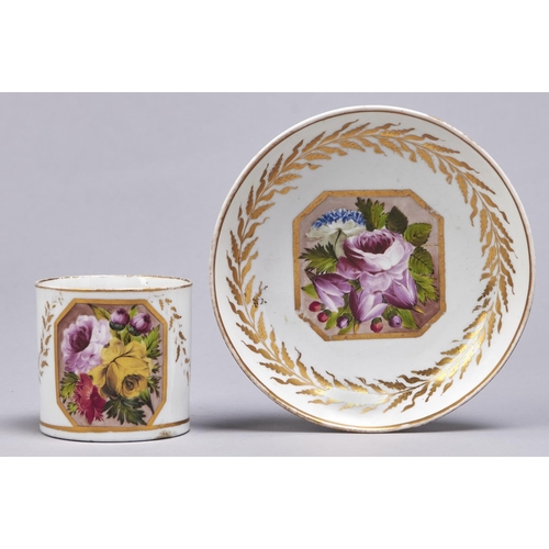 543 - A Mansfield decorated English porcelain coffee can and saucer, c1800, painted by William Billingsley... 