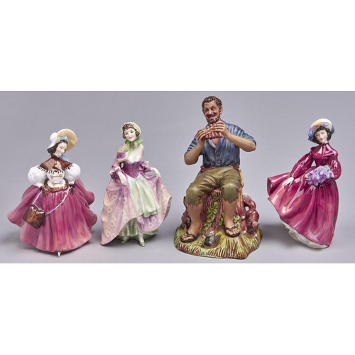 557 - Four Royal Doulton bone china figures of young women and a Royal Doulton matt glazed figure of the D... 