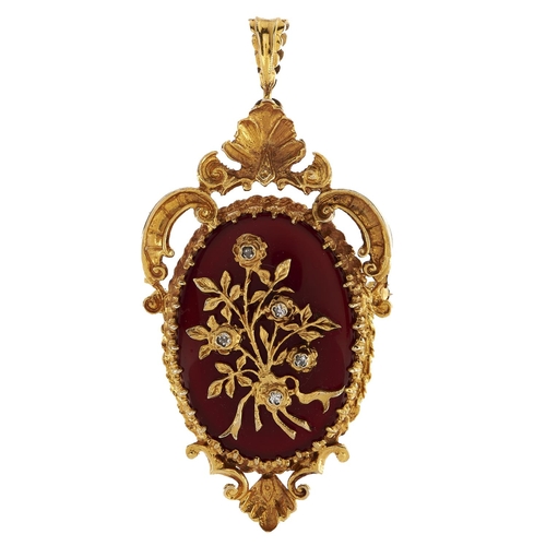 59 - A diamond, cornelian and 9ct gold mirror shaped brooch-pendant, 57mm, London 1973, 18.2g... 