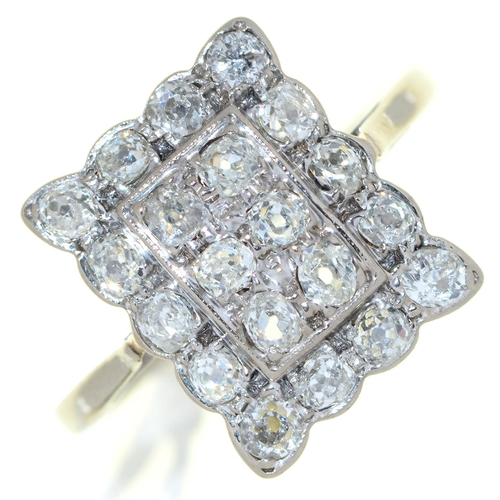 6 - A diamond rectangular cluster ring,  with old cut diamonds, in white gold, marked 18ct, 5.1g, s... 