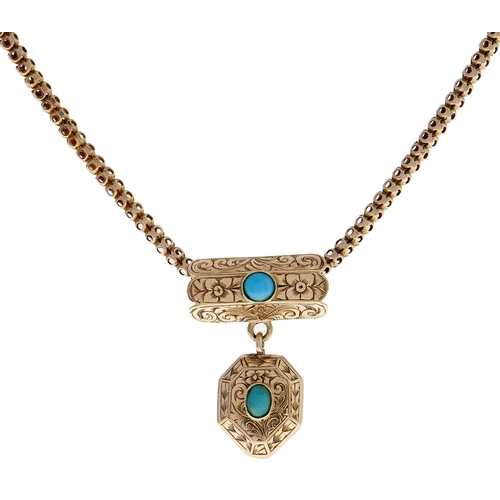 60 - A turquoise set engraved gold mourning pendant, 19th c, 26mm and contemporary gold necklet, 9.7g... 
