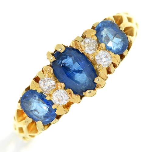 9 - A sapphire and diamond ring, early 20th c, in gold, unmarked, 3.4g, size L