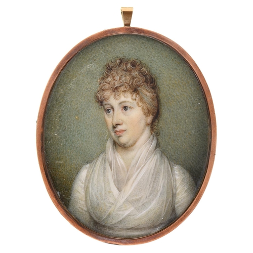 540 - English School, early 19th c - Portrait Miniature of a Lady, in a white dress, 74 x 60mm, gold frame... 