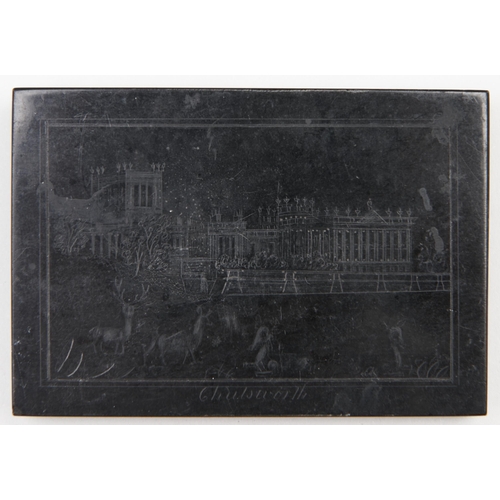 552 - An Ashford black marble desk weight engraved in diamond point with a view of Chatsworth, mid 19th c,... 