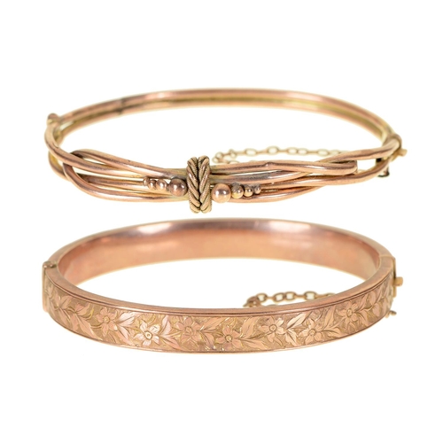 14 - A Victorian 9ct gold bangle, 58mm (internal), Birmingham 1899 and another of entwined form, marked 9... 