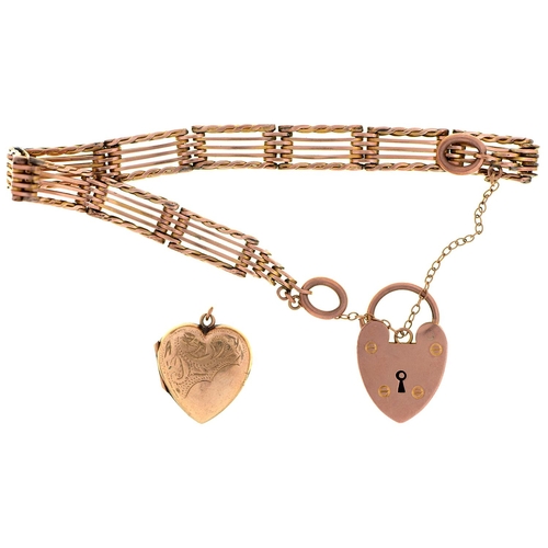 22 - A gold bracelet and padlock, marked 9c, 17cm l and a 9ct gold heart locket, 18.2g (2)... 