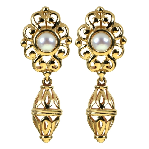 24 - A pair of cultured pearl earrings, in 9ct gold, 43mm, import marked, 7.8g