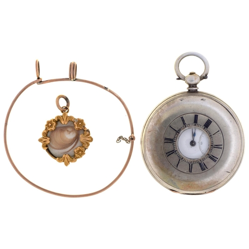 25 - A Swiss silver half hunting cased cylinder watch, late 19th c, 47mm, a gold coloured wire bangle, 4g... 