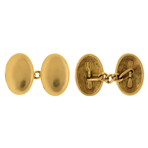 32 - A pair of gold cufflinks, 16mm, mark of the Goldsmiths & Silversmiths Co Ltd and 18ct, 7.2g... 