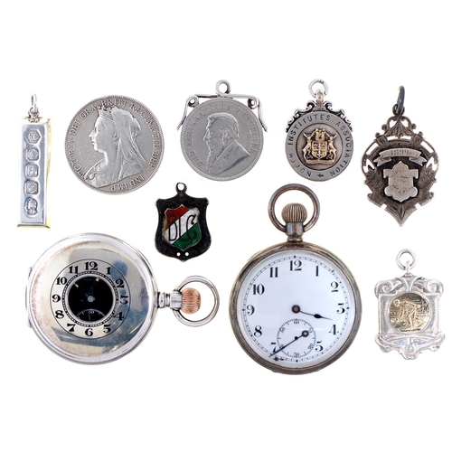 39 - Two silver open face or half hunting cased keyless lever watches, the latter with black dial, 50mm, ... 