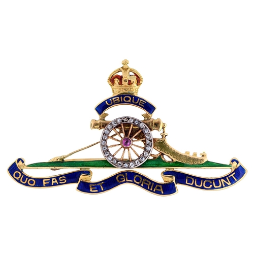 44 - A ruby, diamond and gold and enamel Royal Artillery officer's sweetheart brooch, 52mm, indistinctly ... 
