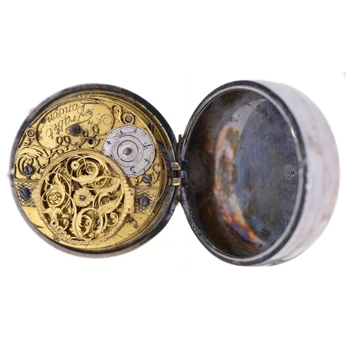 48 - A pair cased silver verge watch, 18th c, the enamelled Dutch style dial with filigree hands, movemen... 