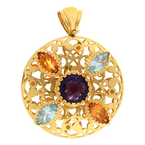 5 - An amethyst, citrine and blue topaz openwork pendant, in silver gilt, 48mm diam, marked EMOZIONI and... 