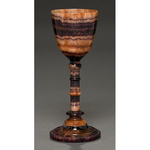 501 - A Victorian Blue John goblet, mid 19th c, the slightly ogee bowl and ringed stem of turned sections ... 