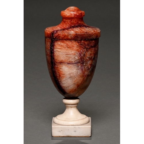 503 - A Regency solid Blue John vase, early 19th c, of Winnat's One vein, on marble socle and square foot,... 
