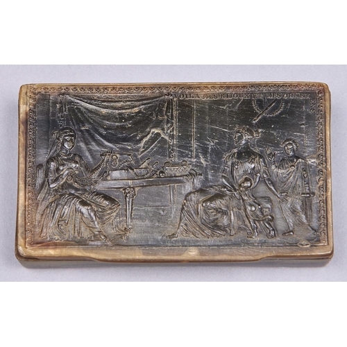 516 - A French pressed horn snuff box, early 19th c, the lid with ladies in an interior and inscribed VOIL... 