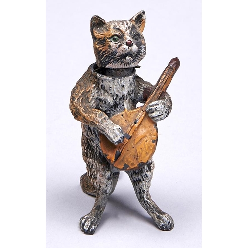 522 - A cold painted spelter nodding cat musician figure, c1900, 85mm h