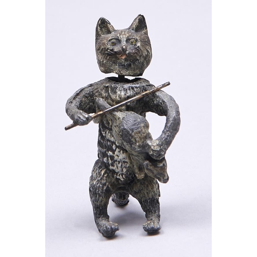 523 - A cold painted spelter nodding cat fiddler, it's 'instrument' a mouse, c1900, 75mm h... 