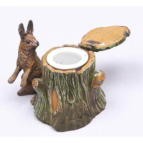 524 - A cold painted spelter hare and tree-trunk novelty inkwell, early 20th c, 56mm h... 