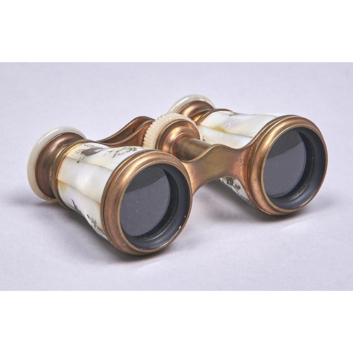 543 - A pair of French gilt brass and decorated mother of pearl opera glasses, c1900