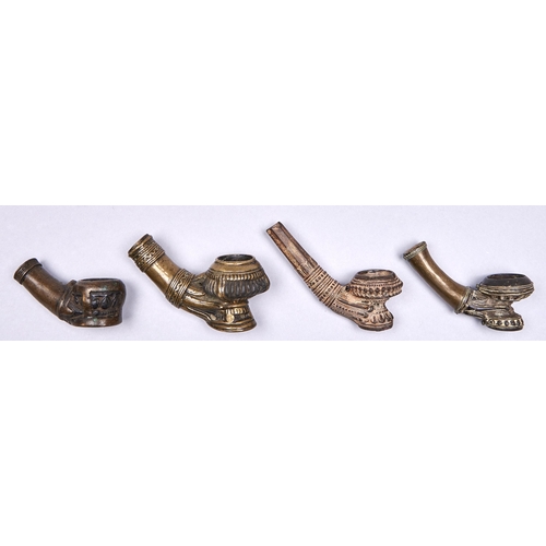 547 - Three Indian cast brass smoking pipes and a similar clay example, 19th c, 8.5-11cm l... 