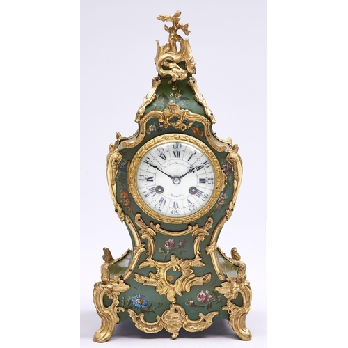 557 - A French gilt brass mounted vernis Martin style clock, 19th c, the enamelled dial inscribed for a Br... 