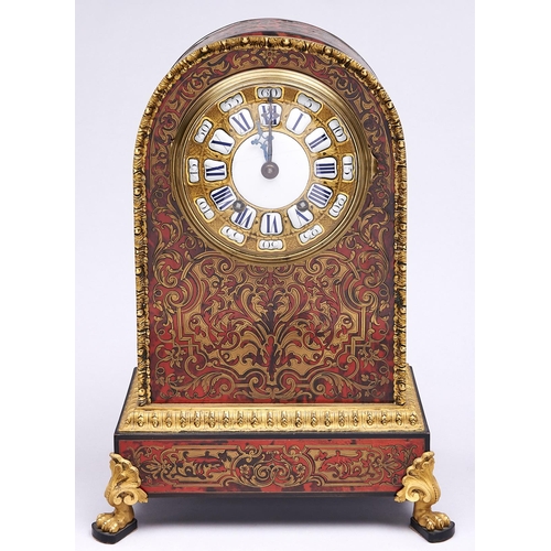 559 - A French ormolu mounted Boulle mantel clock, 19th c, the cast dial with enamel plaques and brass doo... 