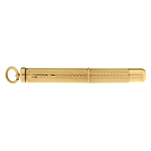 6 - A 9ct gold toothpick, 50mm retracted, maker's mark W M incuse, Birmingham 2000, 6.2g... 