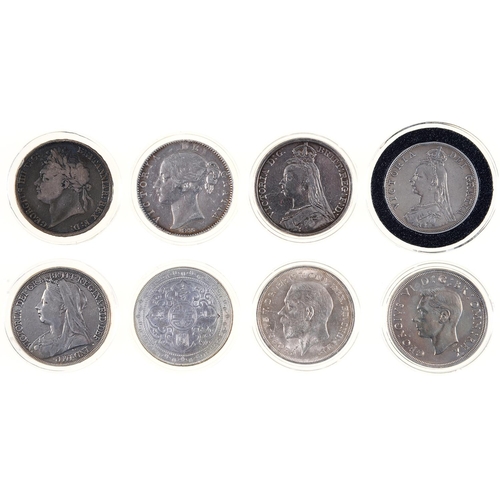 1044 - Silver coins. Crown 1821, 1845, 1889, 1896, 1935 and 1937, double florin 1889 and China trade dollar... 