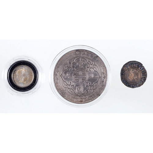 1045 - Silver coins. England, Edward I penny, proof Britannia 20p 1998 and China, Trade Dollar (3)... 