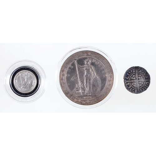 1045 - Silver coins. England, Edward I penny, proof Britannia 20p 1998 and China, Trade Dollar (3)... 