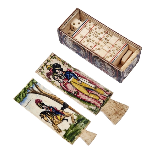 1072 - A Napoleonic prisoner of war polychrome bone games box, c1800, retaining dominoes dice, two sliding ... 