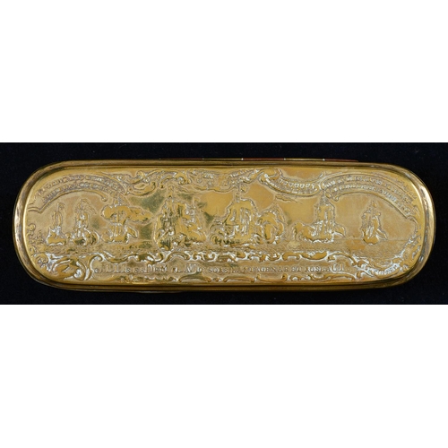 1073 - A German brass and copper tobacco box, Johann Heinrich Giese, Iserlohn, c1770, the lid and underside... 