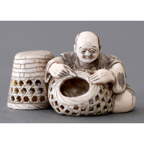 1075 - A Japanese ivory netsuke of a basket maker, Meiji period, 29mm h, signed Gyokuzan