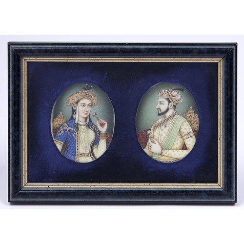 1084 - Delhi School, 19th century - Miniatures of Shah Jahan and Mumtaz Mahal, ivory, oval, 63mm, together ... 