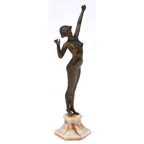 1086 - A French Art Deco bronze statuette of a girl, c1930, poised on tiptoe, on hexagonal marble base, 23c... 
