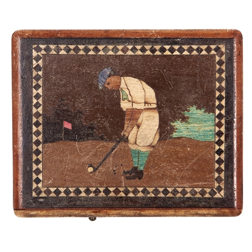 1089 - An Italian marquetry and polychrome cigarette case decorated with golfers, c1930, 92mm l... 