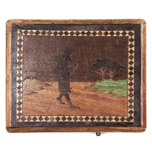 1089 - An Italian marquetry and polychrome cigarette case decorated with golfers, c1930, 92mm l... 